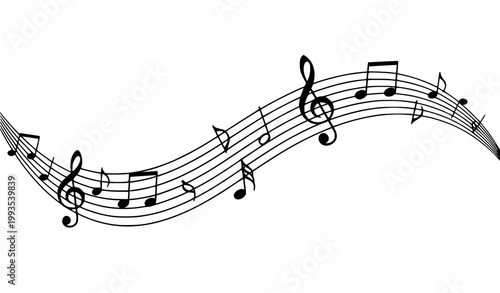 Diagonal Flowing Musical Staff Notes Clefs Minimal Line Vector Illustration