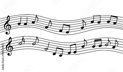 Flowing Musical Staff Wave Notes Clefs Line Art Vector Illustration