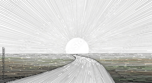 Abstract surreal landscape with sun and water.