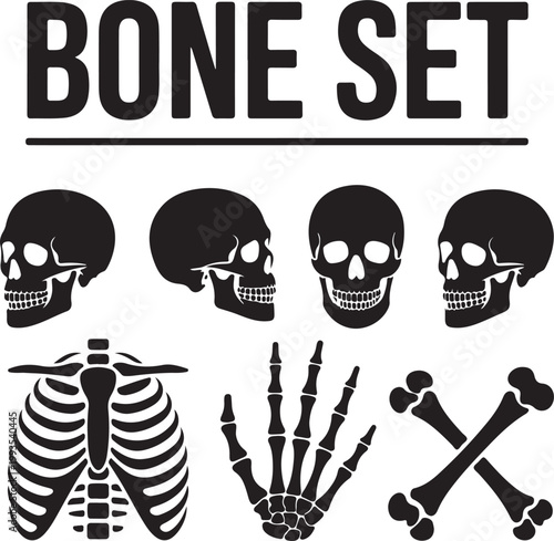 Graphic illustration of a macabre bone set featuring skulls and skeletal remains