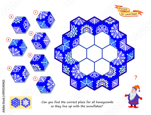 Game find and search. Can you find the correct place for all honeycombs so they line up with the snowflakes? Logic puzzle. Kids brain teaser book. Hand drawn vector. Develop spatial thinking. IQ test