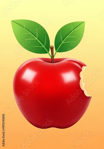 Glossy red fruit displays a single bite taken out of its side with green leaves attached to the stem