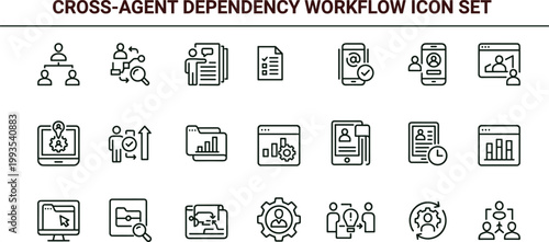 Cross agent dependency workflow outline icon set collaboration coordination integration monitoring analytics interface vector collection toolkit