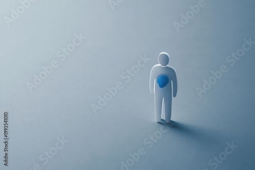 Upright paper figure with heart shaped blue mark on blue floor