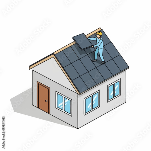 Worker installing solar panels on a house roof for renewable energy.