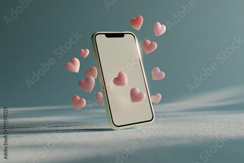 Smartphone surrounded by floating hearts on textured surface