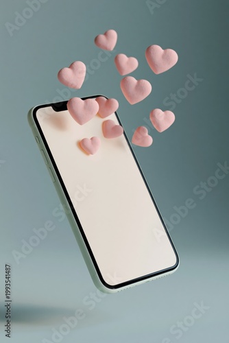 Smartphone with floating pink hearts over pale blue background