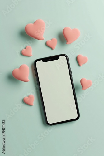 Smartphone surrounded by pink hearts on pale teal background