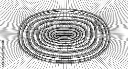 Abstract oval shape with radiating lines in black and white.
