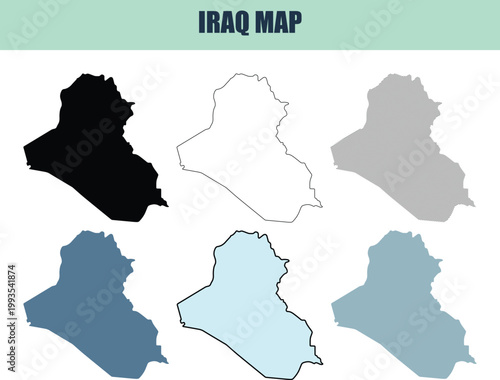 Iraq map outlines in 6 different style variations for geographical and political concepts