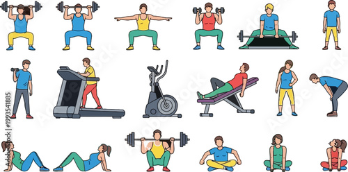 Fitness Exercise Vector Set with Gym Workout Activities, Weightlifting, Cardio Training, and Stretching Poses for Health, Sport, and Lifestyle Illustration