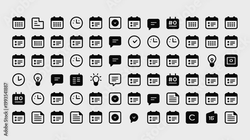 Set of 60 Black Calendar Time and Document Icons Vector