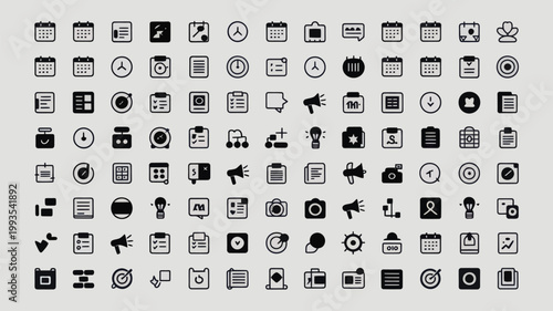 Set of 100 Black and White Outline Business and Office Vector Icons