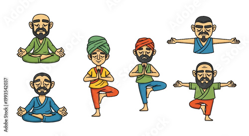 Cartoon illustrations of diverse meditating or yoga posing figures