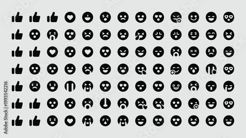 Set of 60 Black Social Media Emoji and Reaction Icons Vector