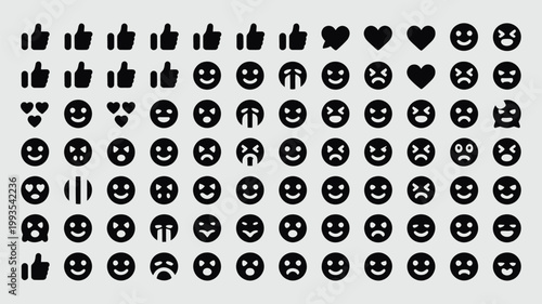 Set of 100 Black Social Media Reaction Emojis and Like Dislike Icons Vector