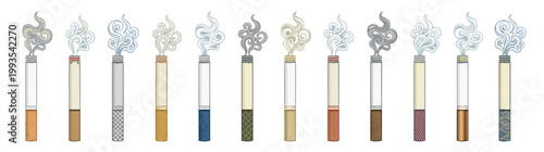 Flat Vector Illustration Icon Set Collection Isolated on White: Multiple Burning Tobacco Cigarettes with Swirling Smoke Clouds and Diverse Filter Colors Arranged in Row for Health Awareness Concept or