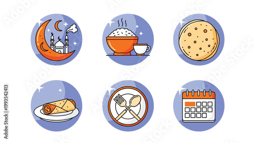 Illustrations depicting symbols associated with mealtime and cultural traditions Vector