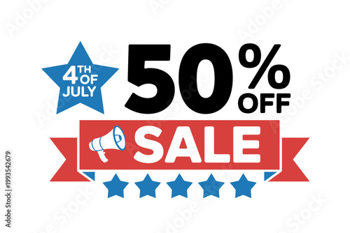 Fourth of July fifty percent discount sale banner with stars and megaphone design