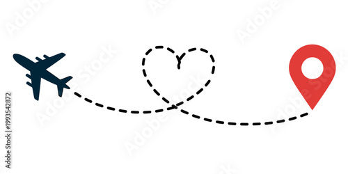 Airplane flying in heart shaped path to destination location marker