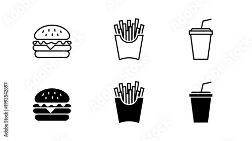 Simple line art icons of burger fries and drink fast food set
