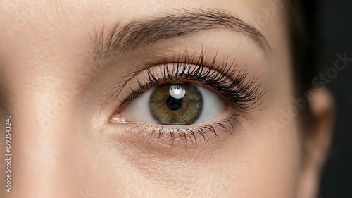 Close-up of a woman's eye showcasing intricate details, with soft lighting highlighting natural beauty