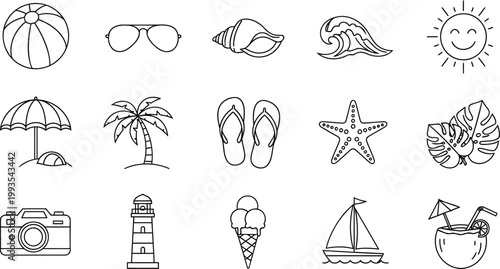 Summer Beach Vacation Line Icon Set with Tropical Travel and Holiday Elements