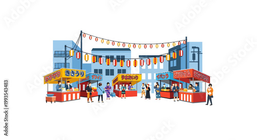 Vibrant street food market scene with people and colorful stalls