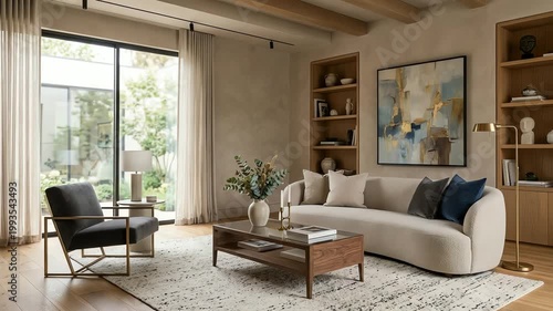 Modern living room with stylish furniture, natural light, and greenery visible through large windows