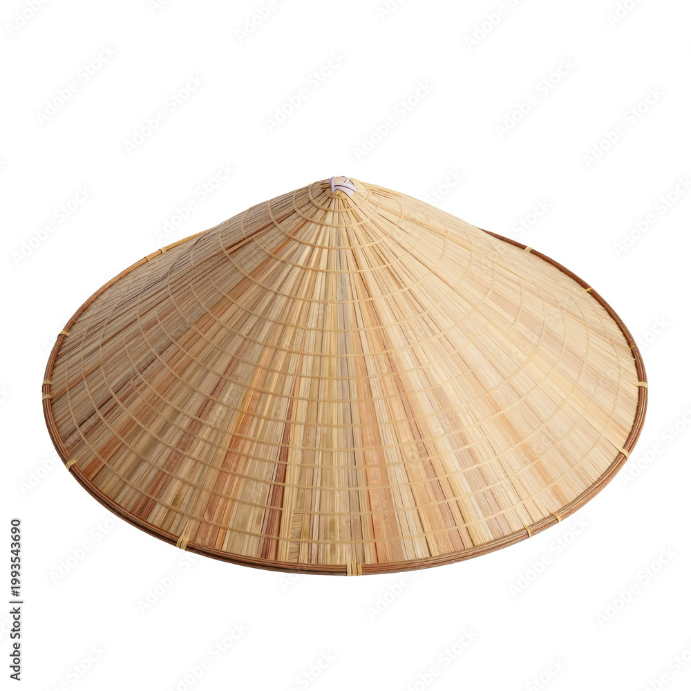 Fototapeta premium Tan conical hat woven with bamboo and straw against a white background shot at eye level