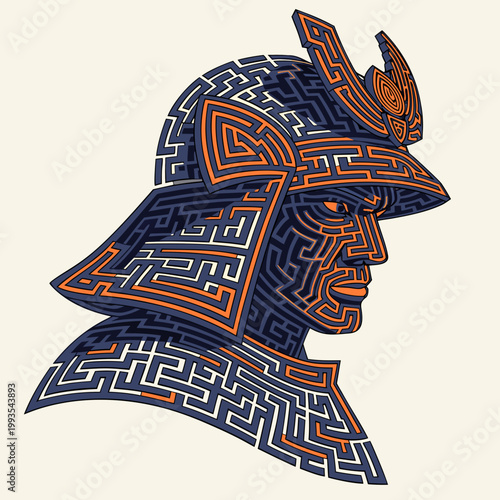 Samurai warrior silhouette in maze design on light background