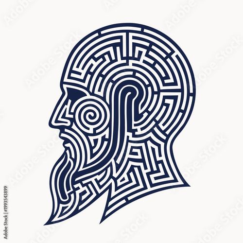 Maze design in the shape of a human head silhouette, intricate and geometric pattern