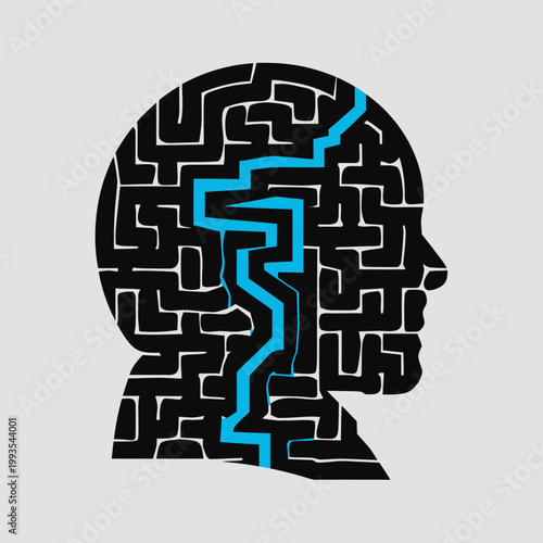 Abstract human head maze design, creative thinking concept, blue lines, minimal style