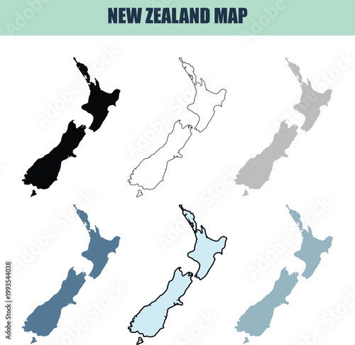 New Zealand map variations in 6 different style with clean outlines and solid fills for design