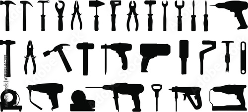 tools silhouettes of hand and power tools vector icons set