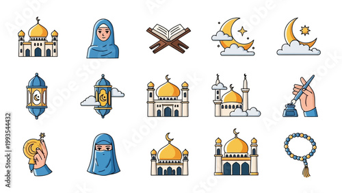 Illustrations of symbols and landmarks related to islamic culture and faith Vector