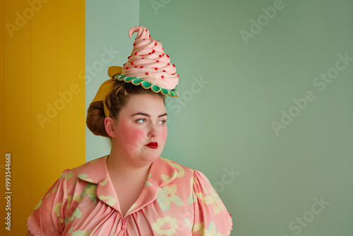 Plus size woman with ice cream hat, surreal fashion portrait in pastel colors, retro aesthetic with copy space for editorial and creative branding use