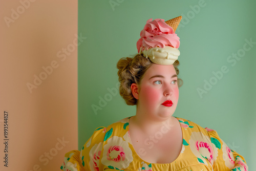 Plus size woman with ice cream hat, surreal fashion portrait in pastel colors, retro aesthetic with copy space for editorial and creative branding use