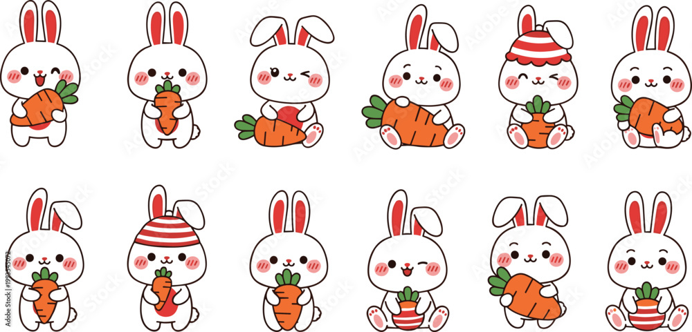 Obraz premium Cute Bunny Icon Set with Carrots, Holiday Outfits, and Kawaii Characters for Easter and Spring Design
