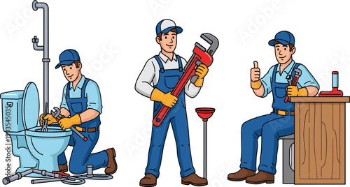 Professional Plumber Service Character Set Fixing Toilet and Pipes with Tools Maintenance Handyman Repairing Bathroom Plumbing Vector Illustration Collection for Home Improvement Business