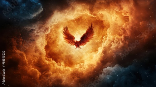 Cosmic phoenix rising from spiral galaxy center, rebirth in space symbolism