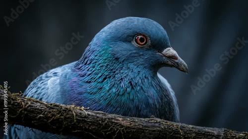Close-up of a vibrant blue pigeon perched on a branch against a blurred dark background