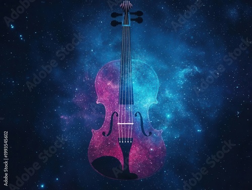Galaxy shaped like a violin emitting sound waves, music and universe symbolism