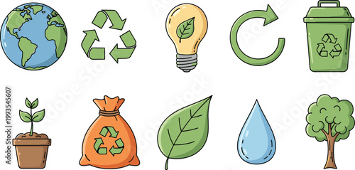 Environmental and Recycling Icon Set with Earth, Green Energy, Water, Trees, and Sustainability Elements for Eco-Friendly Design