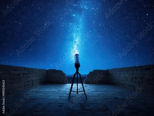 Galaxy projected from ancient telescope in starlit ruins, historic science theme