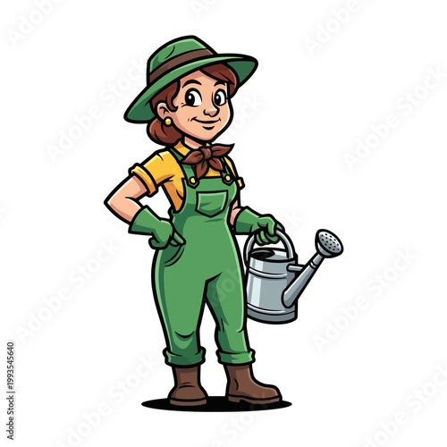 Cartoon Gardener Girl with Watering Can Illustration.
