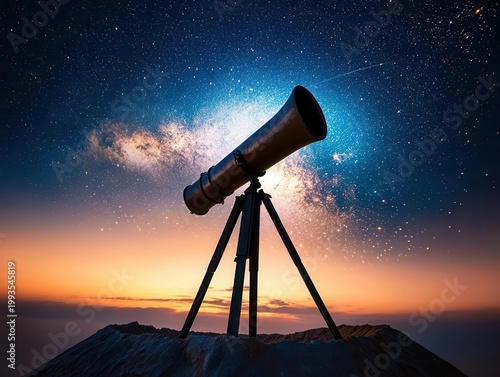 Galaxy projected from ancient telescope in starlit ruins, historic science theme