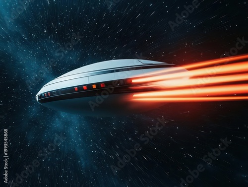 Futuristic spacecraft leaving color trails across galaxy ring, motion blur in cosmos