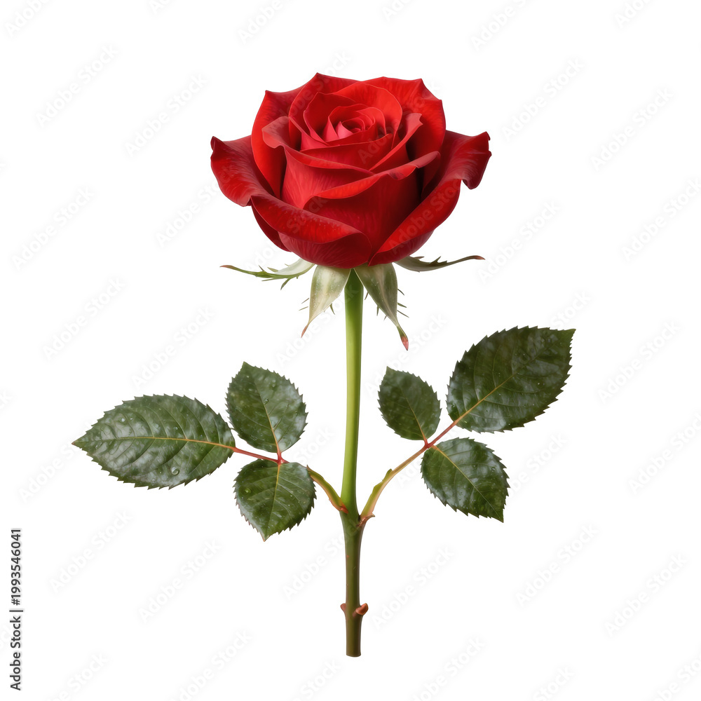 Obraz premium Elegant red rose with stem and leaves set against a white backdrop