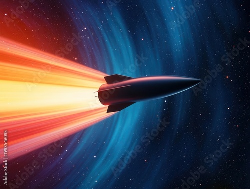 Futuristic spacecraft leaving color trails across galaxy ring, motion blur in cosmos